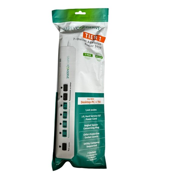 Simply Conserve 7 Outlet Advanced Power Strip Energy Saving Pc TV SC73T1 New - Picture 1 of 7